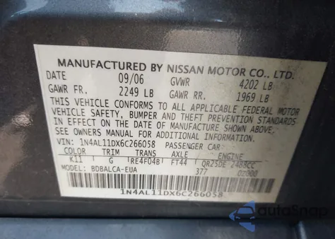 2006 Nissan Altima 2.5 S из США, поврежденный, VIN 1N4AL11DX6C266058